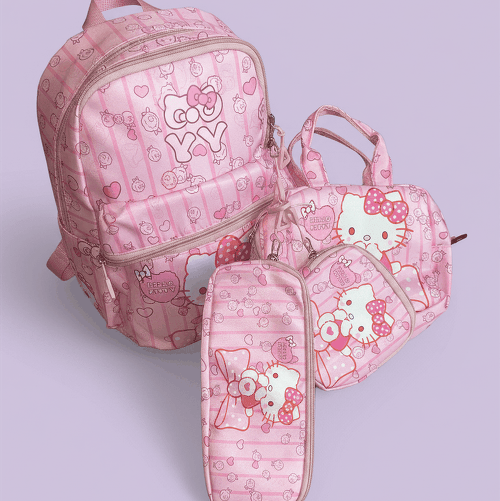 Pink Hello Kitty backpack, lunch bag, and pencil case set with bow and heart patterns, official Sanrio product
