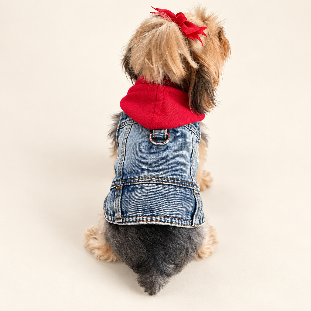 Downtown Denim Hooded Dog Jacket with red hood, rear view