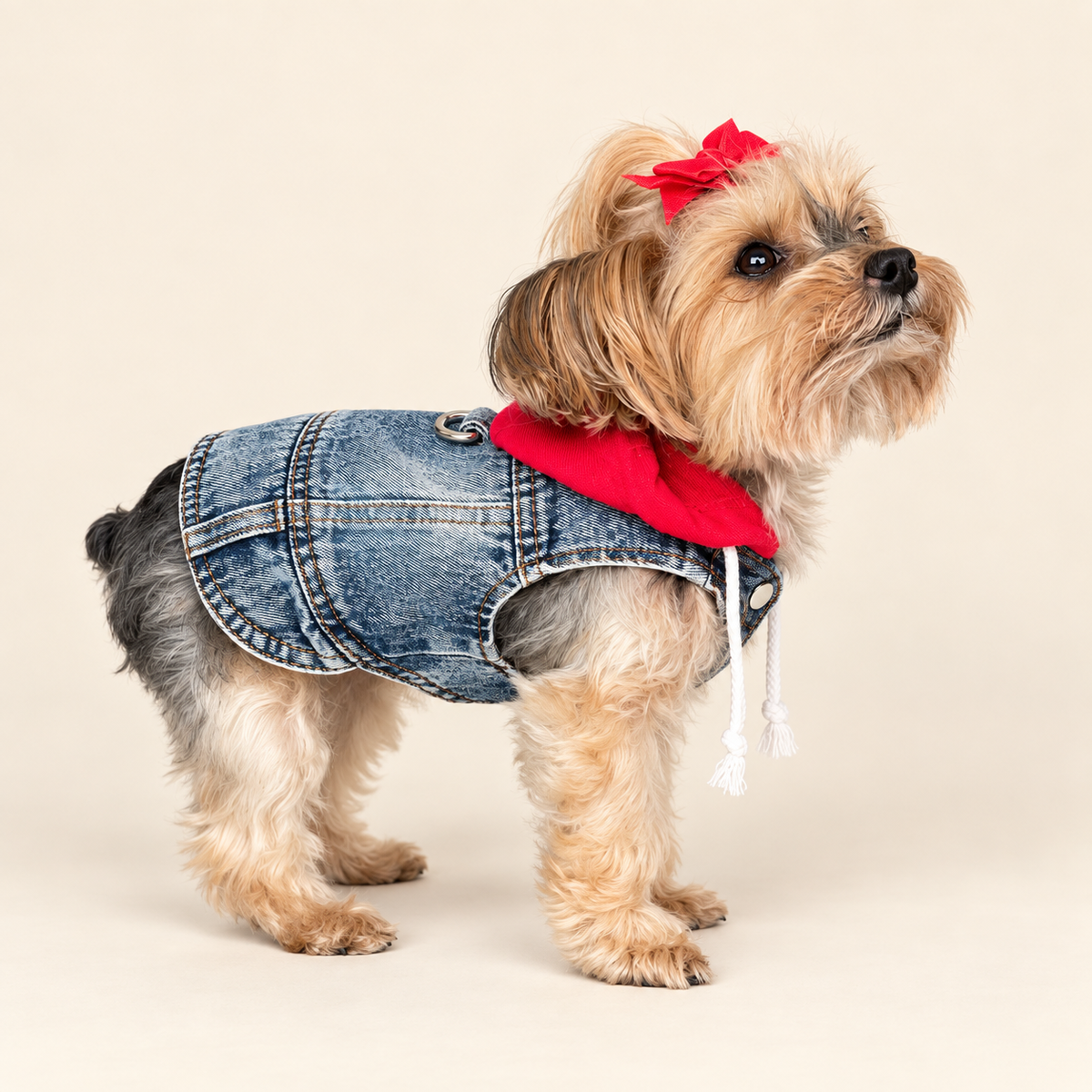 Keka wearing the Downtown Denim Hooded Dog Jacket with red hood, side view