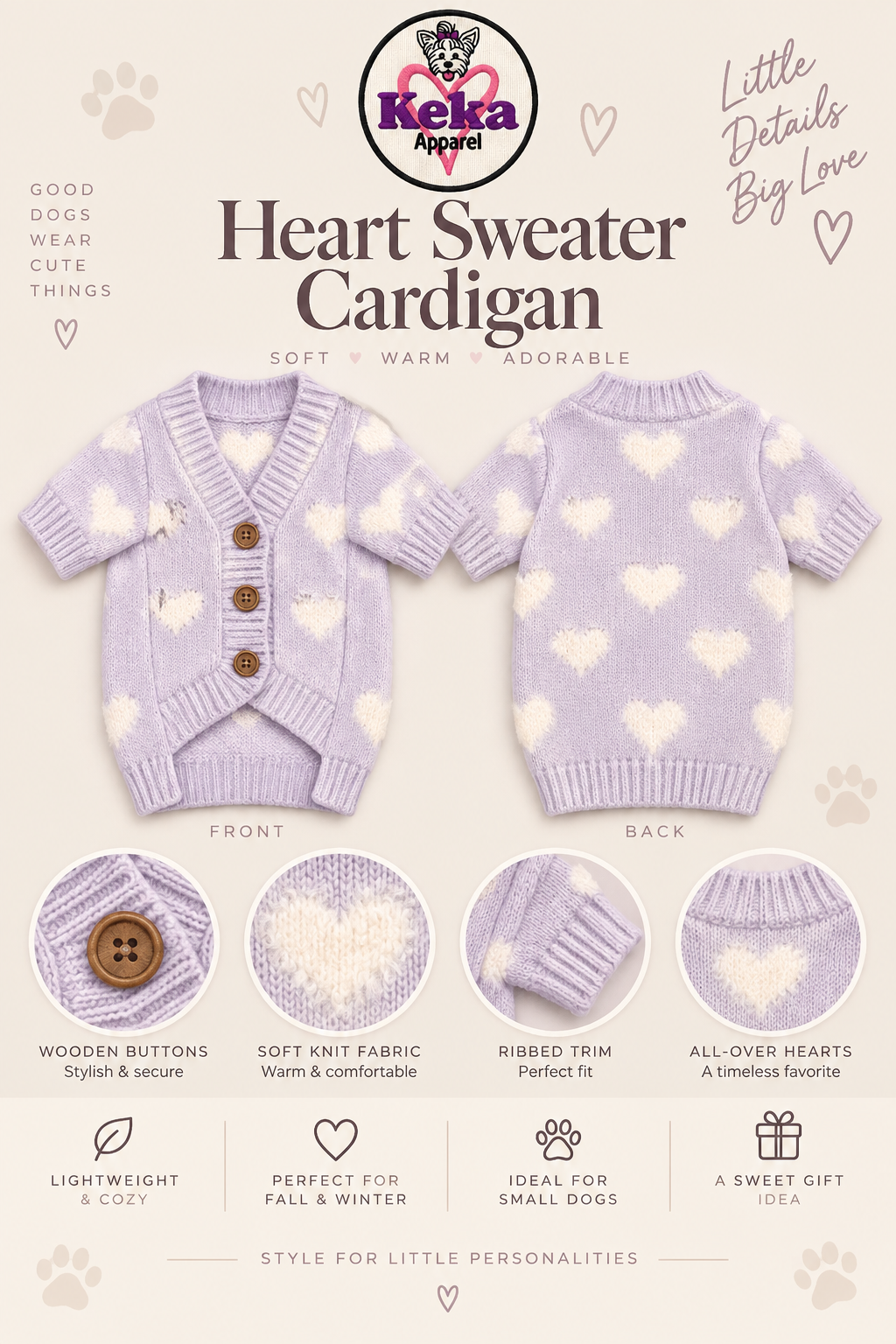 Keka Heart Sweater Cardigan poster showing front, back and knit details