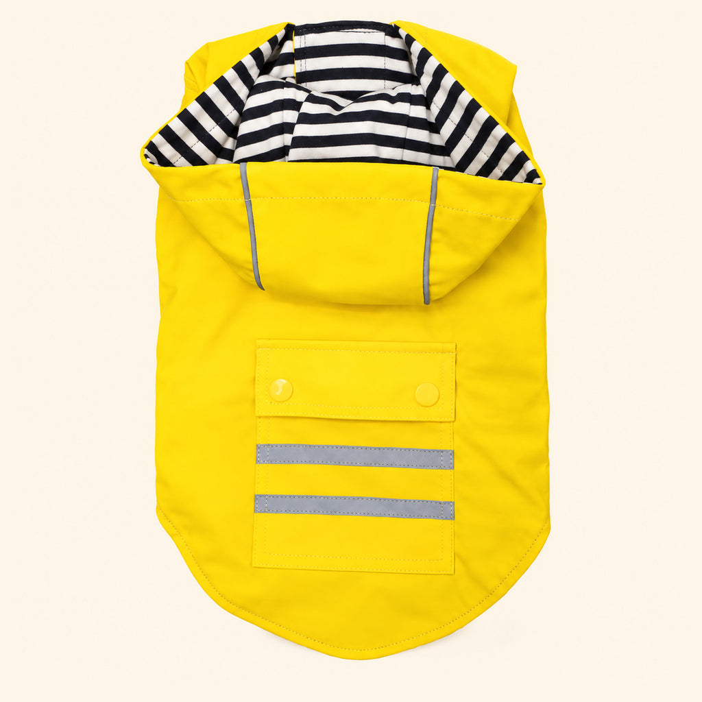 Yellow Slicker dog raincoat laid flat, front view showing the black and white striped hood lining and the reflective stripes on the pocket