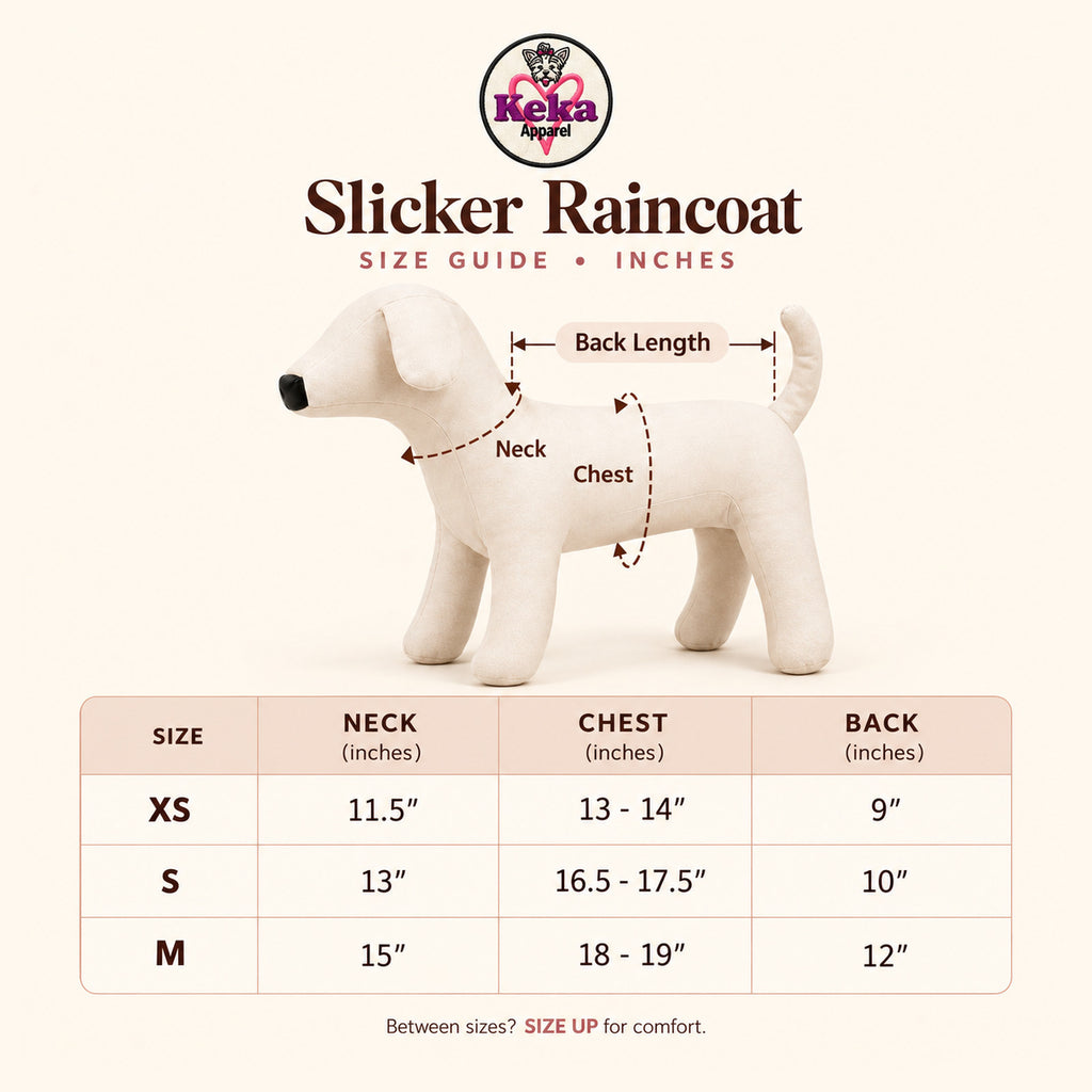 Size guide in inches for the Slicker dog raincoat: neck, chest and back length for sizes XS, S and M