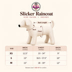 Size guide in inches for the Slicker dog raincoat: neck, chest and back length for sizes XS, S and M