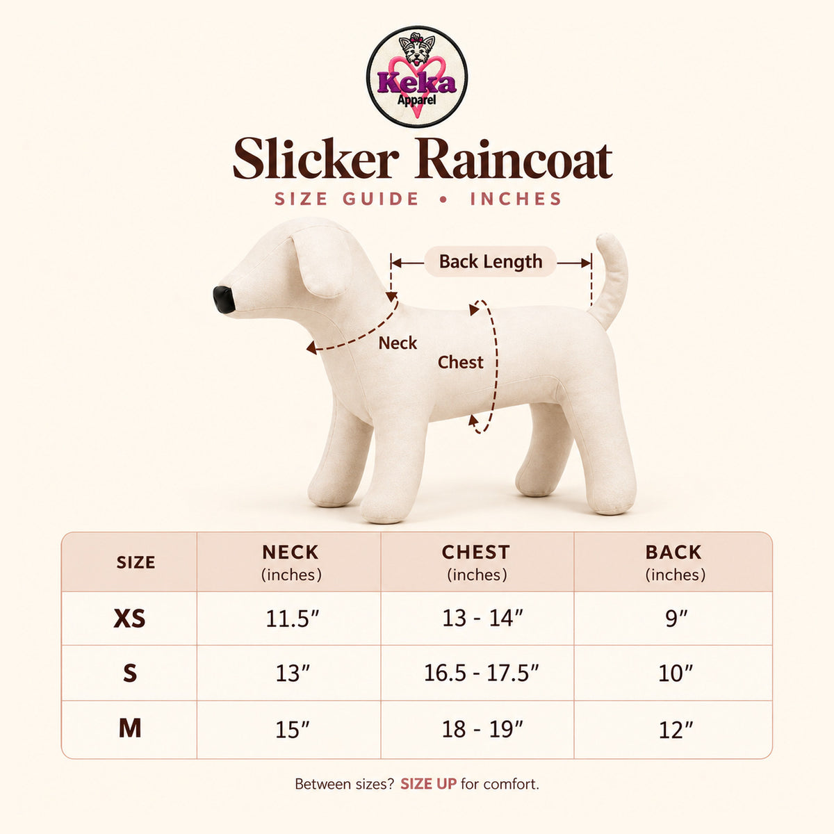 Size guide in inches for the Slicker dog raincoat: neck, chest and back length for sizes XS, S and M