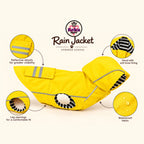 Feature overview of the yellow Slicker dog raincoat: reflective details, hood with soft inner lining, leg openings and waterproof fabric