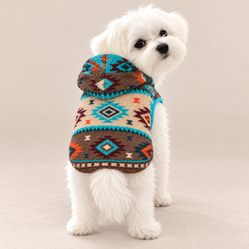White Maltese wearing turquoise and brown Aztec fleece dog hoodie, back view