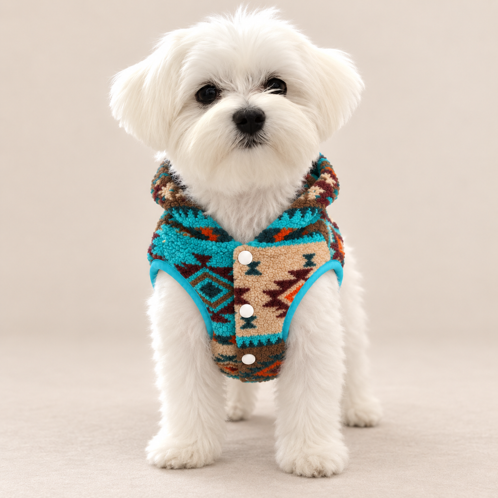 White Maltese wearing turquoise and brown Aztec fleece dog hoodie, front view
