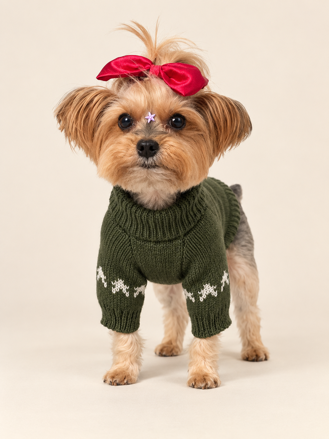 Keka wearing the green Merry Little Christmas dog sweater, front view