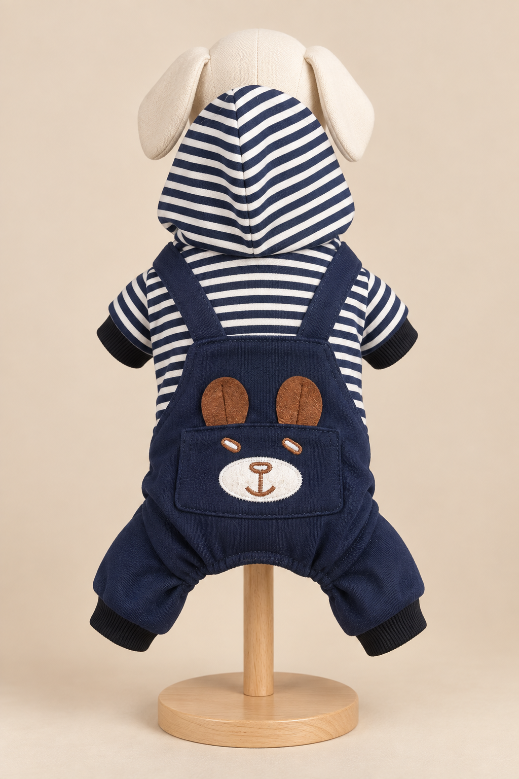 Navy bear hooded dog outfit, back view on mannequin stand