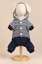 Navy bear hooded dog outfit, front view with three white snaps on mannequin stand