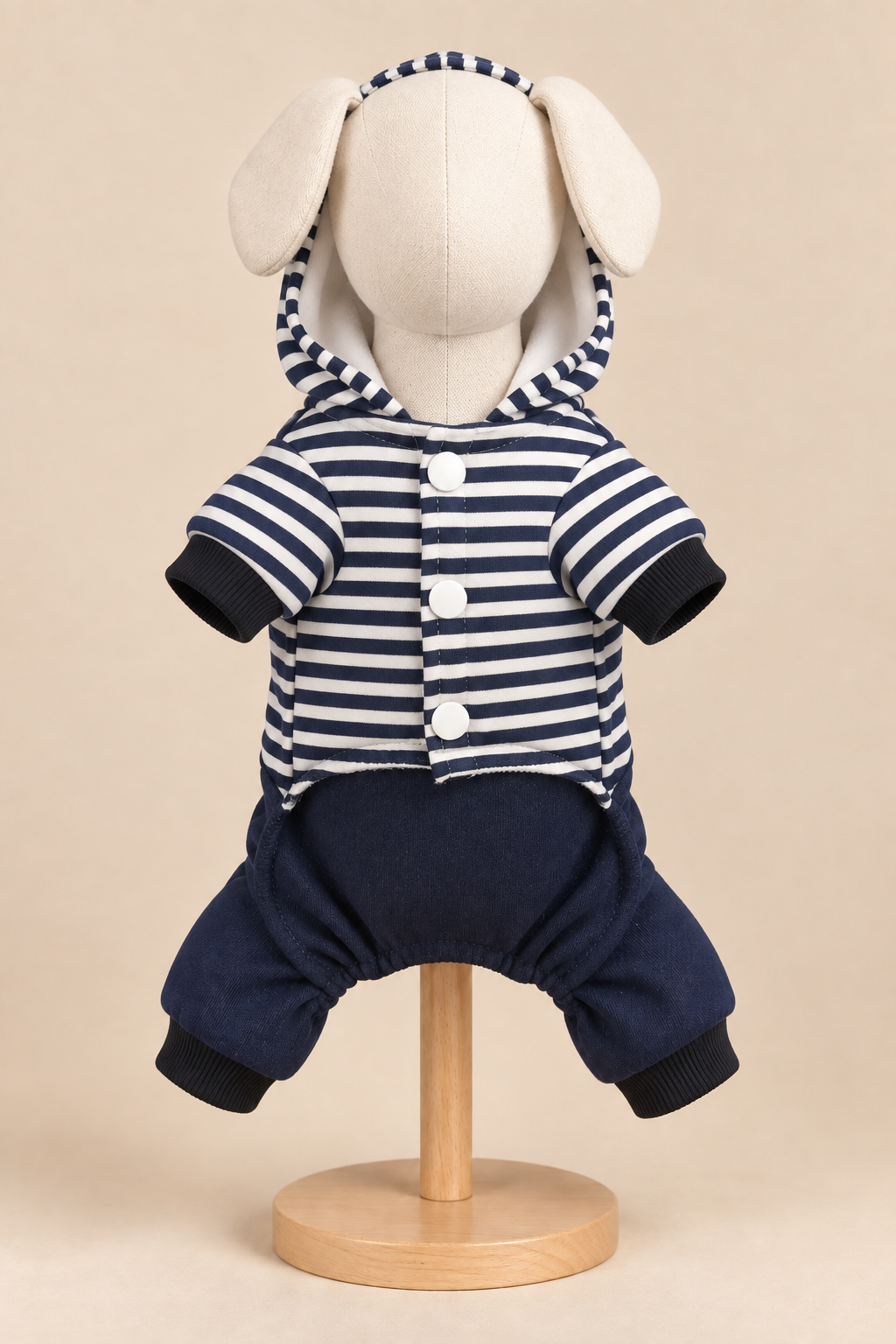 Navy bear hooded dog outfit, front view with three white snaps on mannequin stand