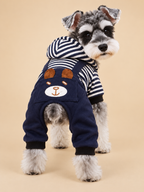 Schnauzer wearing the navy bear hooded dog outfit, rear view