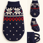 Navy Snowflake Dog Sweater detail collage on a cream background, showing front, back, side and neckline