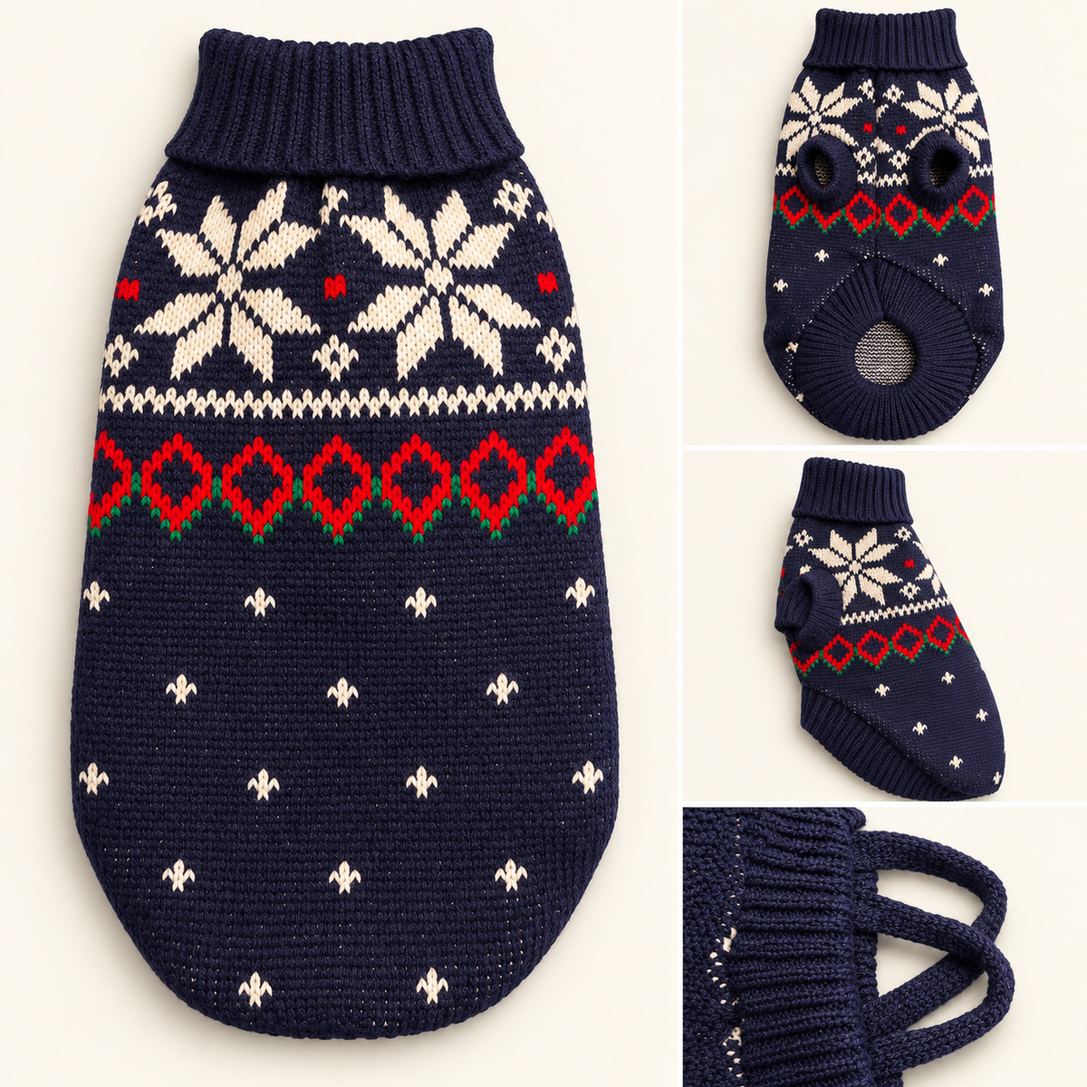 Navy Snowflake Dog Sweater detail collage on a cream background, showing front, back, side and neckline
