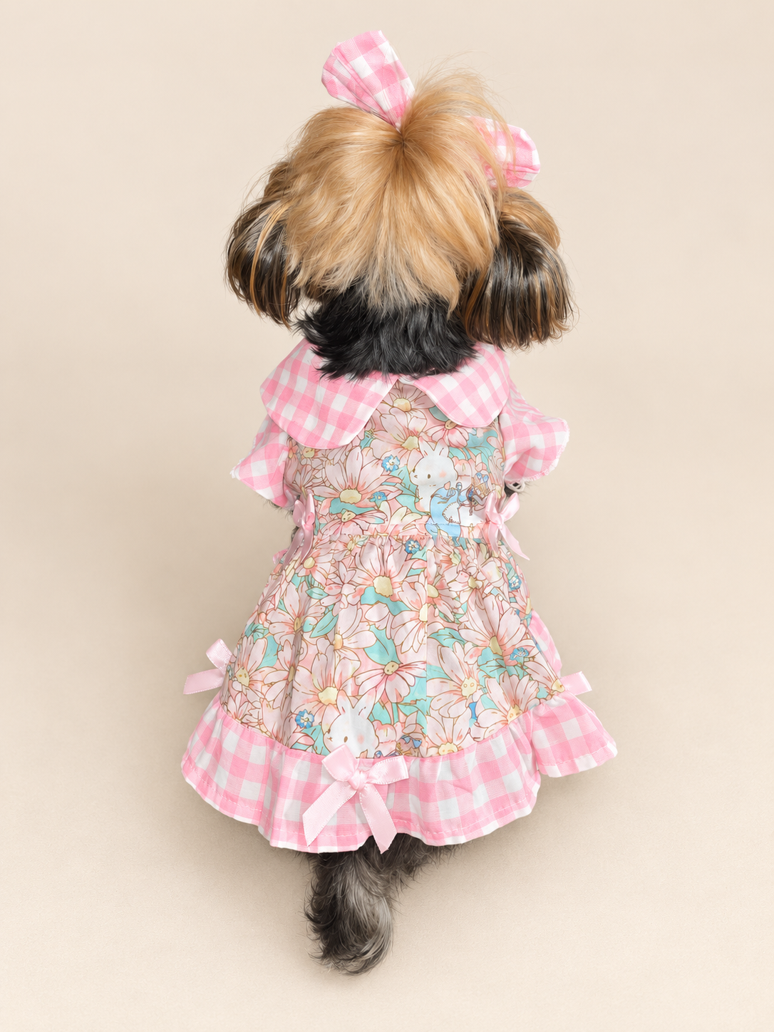 Professional back view of Keka showing the floral bunny panel and gingham ruffled skirt