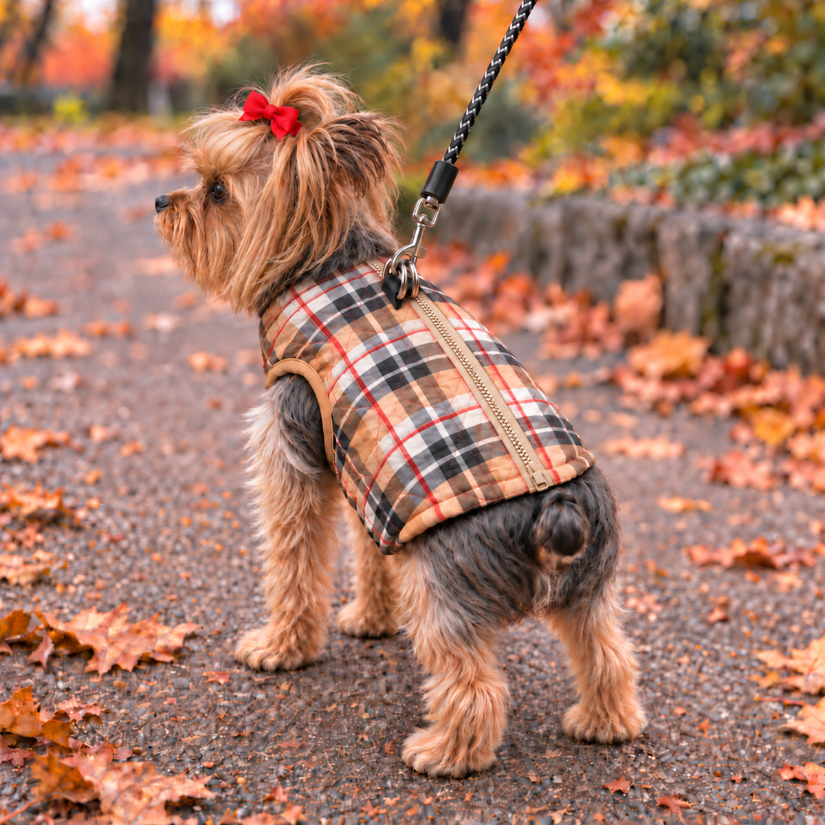 Keka wearing the plaid harness vest outdoors with the leash clip connected through both back D-rings
