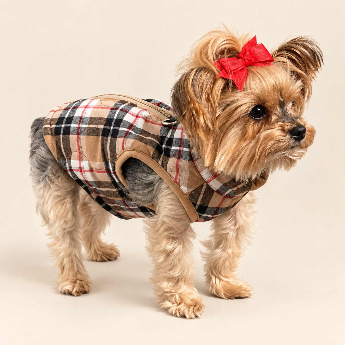 Keka wearing the beige plaid harness vest, front three-quarter view