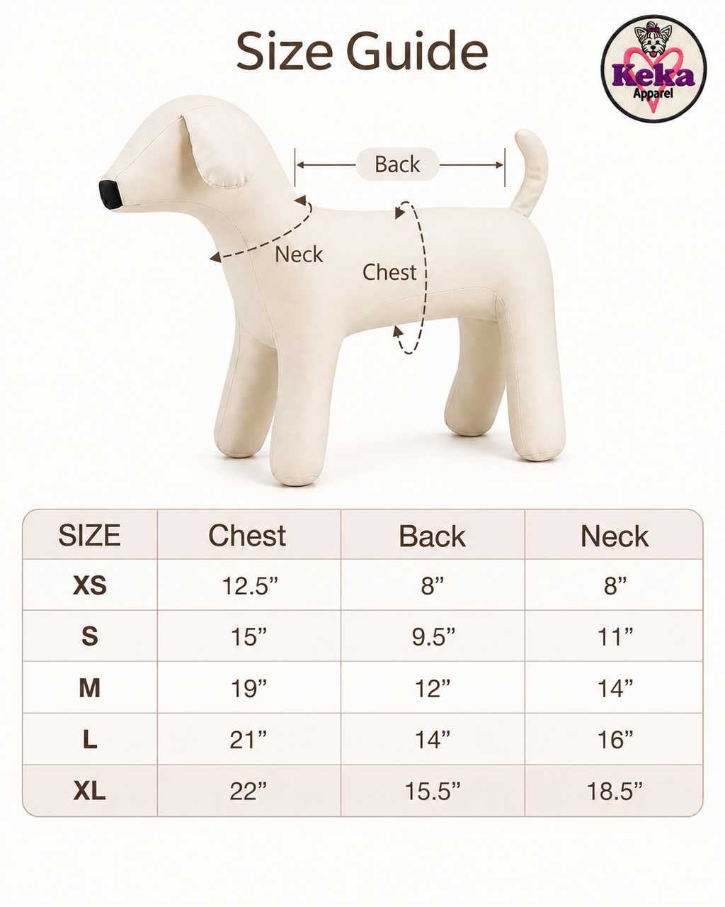 Plaid Harness Vest Keka size guide with chest, back and neck measurements for XS through XL