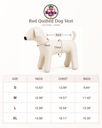 Size guide graphic for the Keka Apparel Red Quilted Dog Vest, showing a cream-colored dog vest with labeled neck, chest, and back measurements above a size table listing S, M, L, and XL measurements.