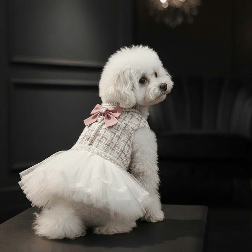 White Chanel-style tweed dog dress showing front view with pearl buttons and luxury pet fashion design