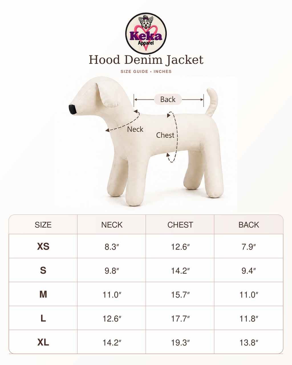 Size guide and measurement chart for the Keka Apparel Hood Denim Jacket, sizes XS through XL.