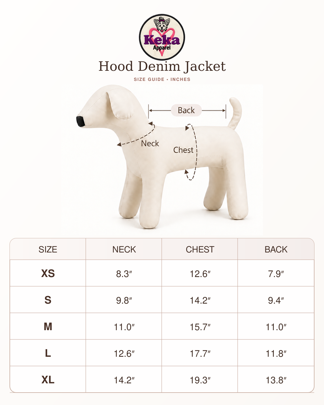 Size guide and measurement chart for the Keka Apparel Hood Denim Jacket, sizes XS through XL.