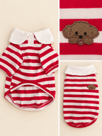 Three-panel catalog collage showing the front, back, white collar, buttons, striped knit fabric and embroidered puppy patch of the red dog polo