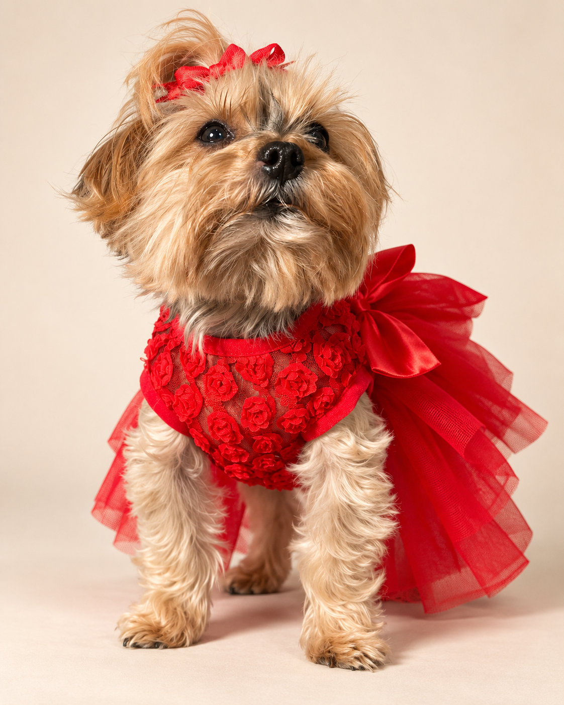 Keka wearing red tulle dress with 3D rose bodice, front view