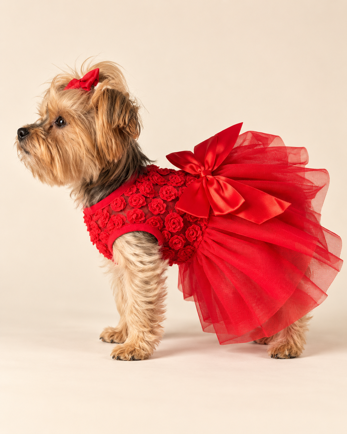 Keka wearing red tulle dress, full left-side view showing bow and layered skirt