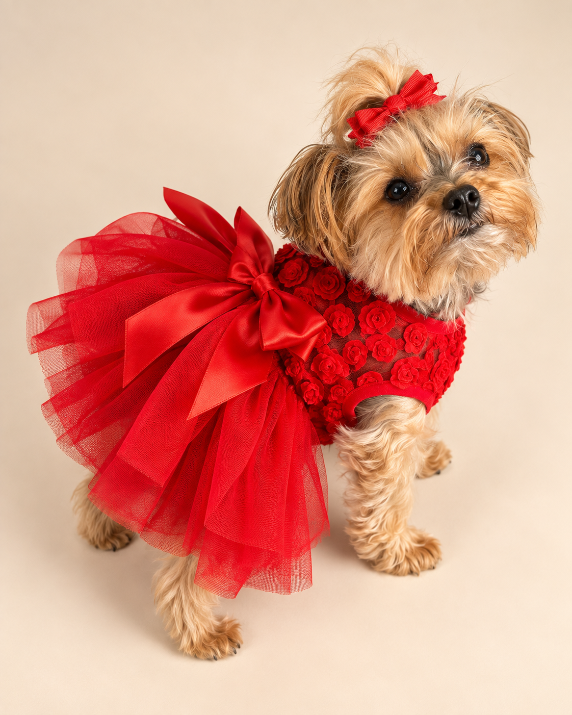 Keka wearing red tulle dress, elevated three-quarter view showing bow and layered skirt