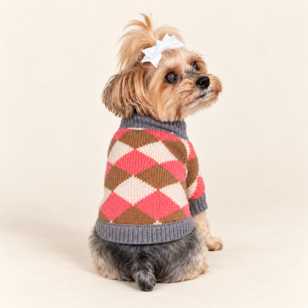 Keka seated and showing the back of the Rosewood Argyle Dog Sweater