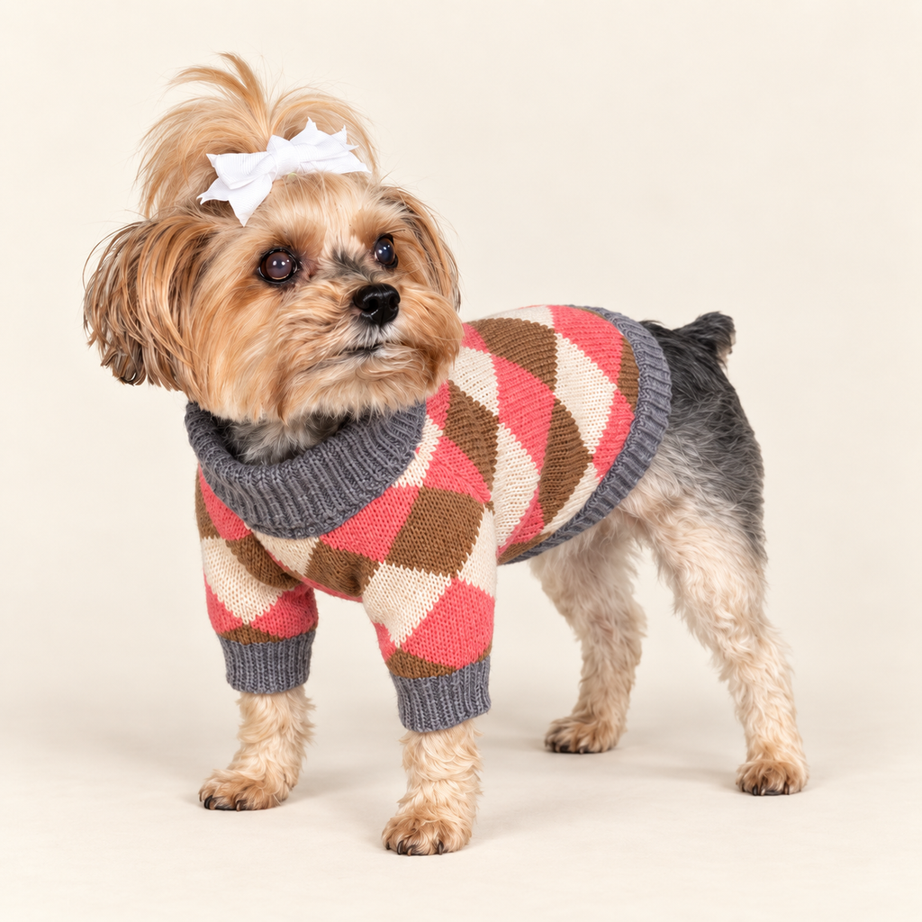 Keka wearing the Rosewood Argyle Dog Sweater in a standing three-quarter view