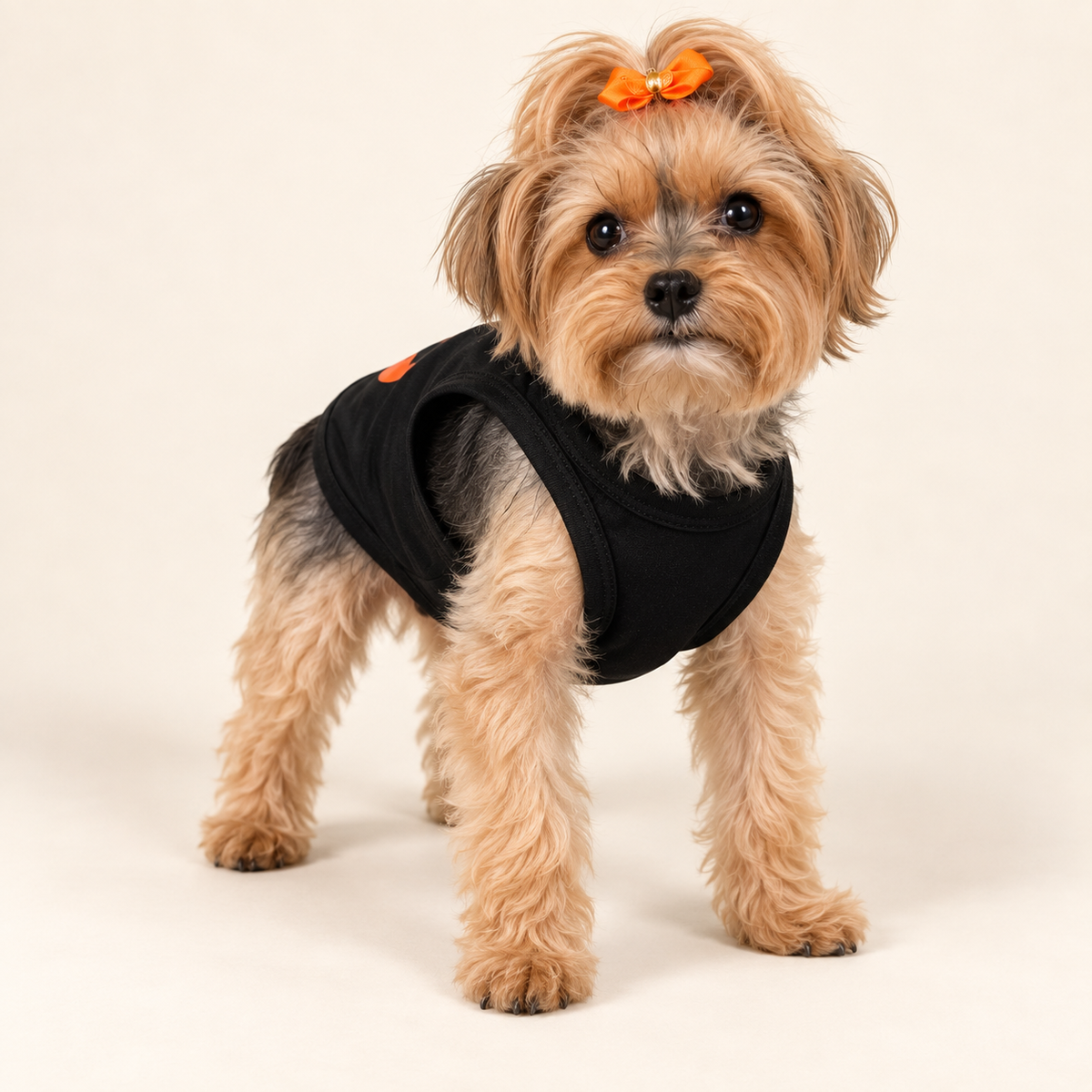 Keka wearing the black sleeveless Halloween dog shirt, front view showing the plain chest and fit
