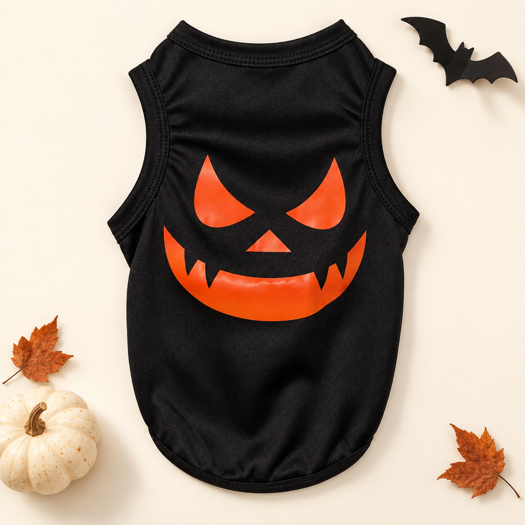 Black sleeveless Halloween dog shirt with orange jack-o-lantern face, back product view