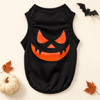 Black sleeveless Halloween dog shirt with orange jack-o-lantern face, back product view