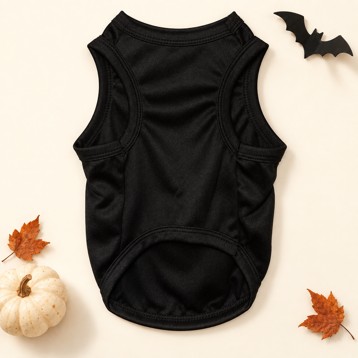 Plain black front of the sleeveless Halloween dog shirt, product view