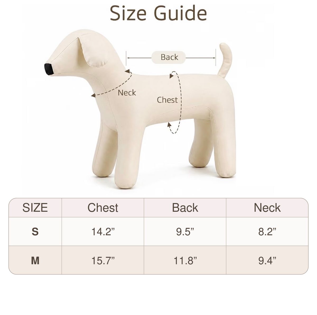 Spooky Smile Halloween Dog Shirt size guide, sizes S and M, with chest, back and neck measurements in inches