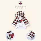 White dog hoodie with plaid hood and sleeves, featuring a white front panel with two plaid hearts, shown on a cream background with product text and detail insets.