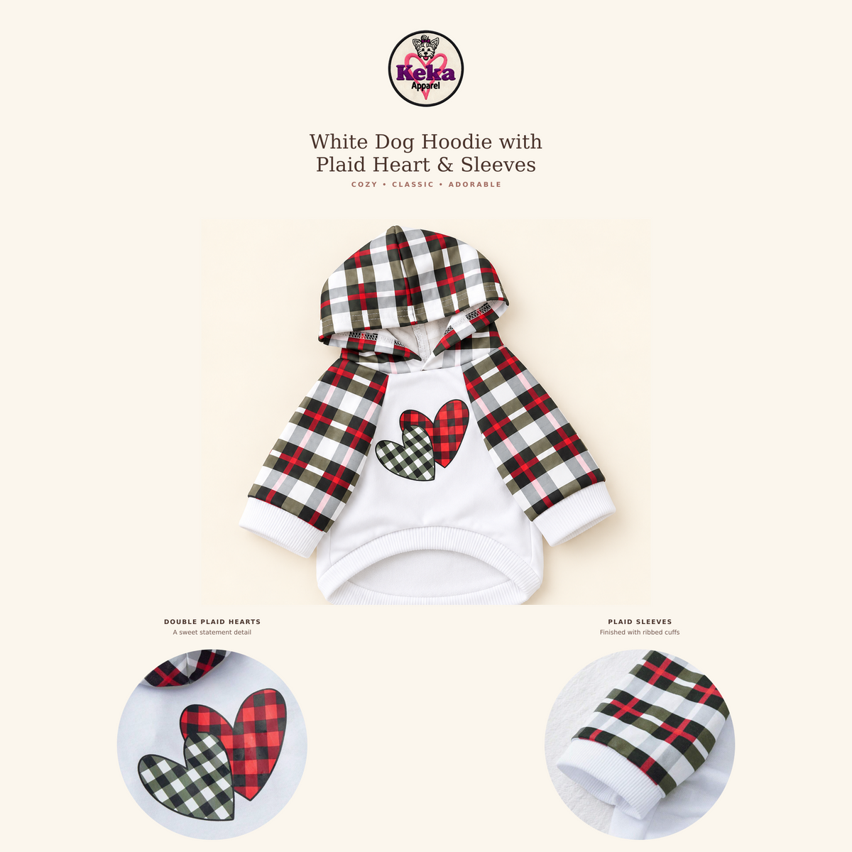 White dog hoodie with plaid hood and sleeves, featuring a white front panel with two plaid hearts, shown on a cream background with product text and detail insets.