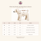 A size guide graphic for a white dog hoodie with plaid heart and sleeves, showing a small dog-shaped mannequin with measurement callouts for neck, chest, and back, plus a size table listing breeds and inch measurements for sizes XS through XL.