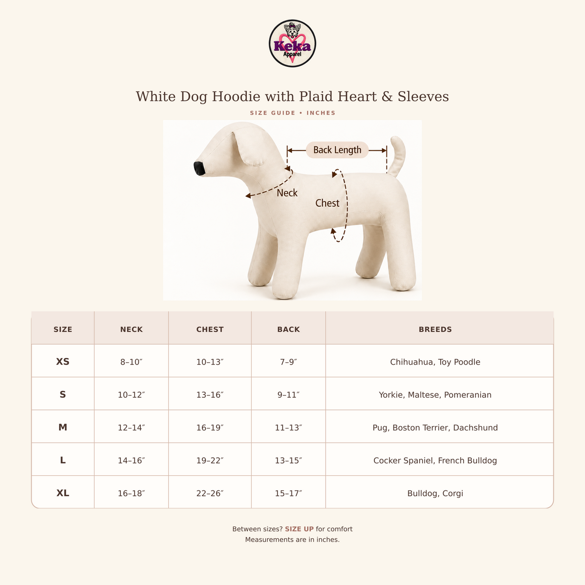 A size guide graphic for a white dog hoodie with plaid heart and sleeves, showing a small dog-shaped mannequin with measurement callouts for neck, chest, and back, plus a size table listing breeds and inch measurements for sizes XS through XL.