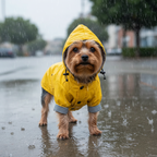 Yorkie con abrigo impermeable en día lluvioso