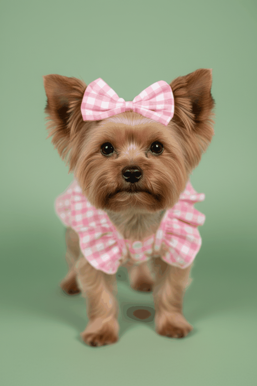 Yorkshire Terrier in Pink Gingham Outfit - Professional Shot